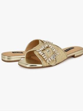 NINE WEST NEW IN BOX GOLD JEWELED FLAT SANDALS SZ 6.5